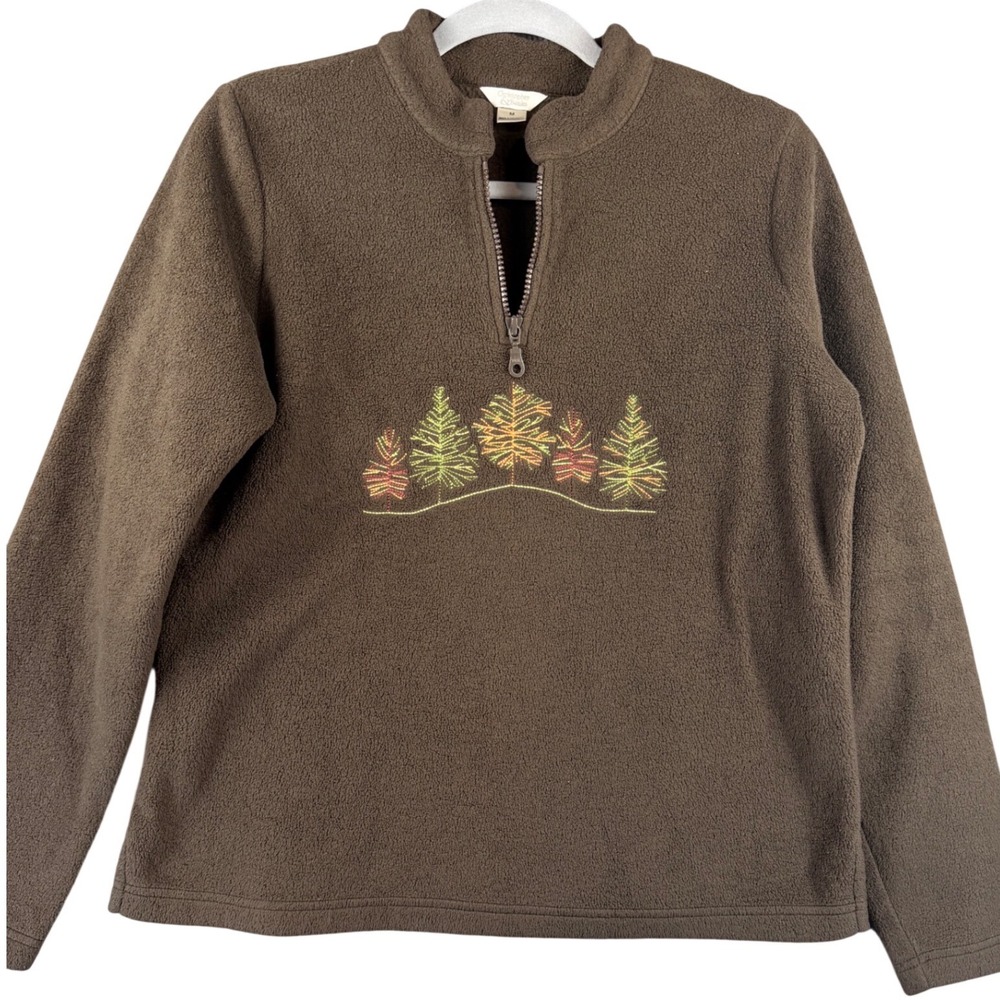 Christopher & Banks Brown Fleece Quarter Zip Pullover Embroidered Trees Mens M
